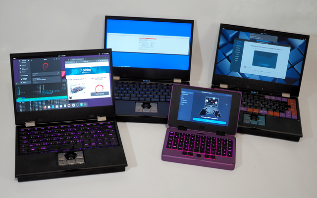 From left to right: RK3588 DSI classic Reform with Gnome 48, i.MX8MQ classic Reform with Debian Installer, RK3588 Pocket Reform with Reform Setup Wizard, A311D CM4 classic Reform with Debian Live and Calamares Installer